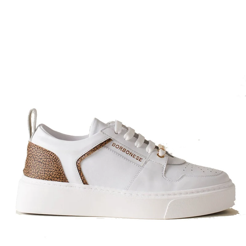 Scarpe Donna BORBONESE Sneakers in Pelle Bianca e Tela Rivestita OP Naturale