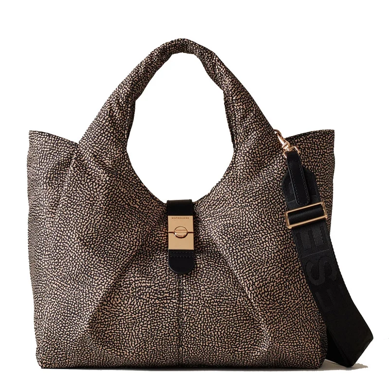 Borsa Donna a Mano Media BORBONESE linea Cortina in Nylon OP Naturale e Nero