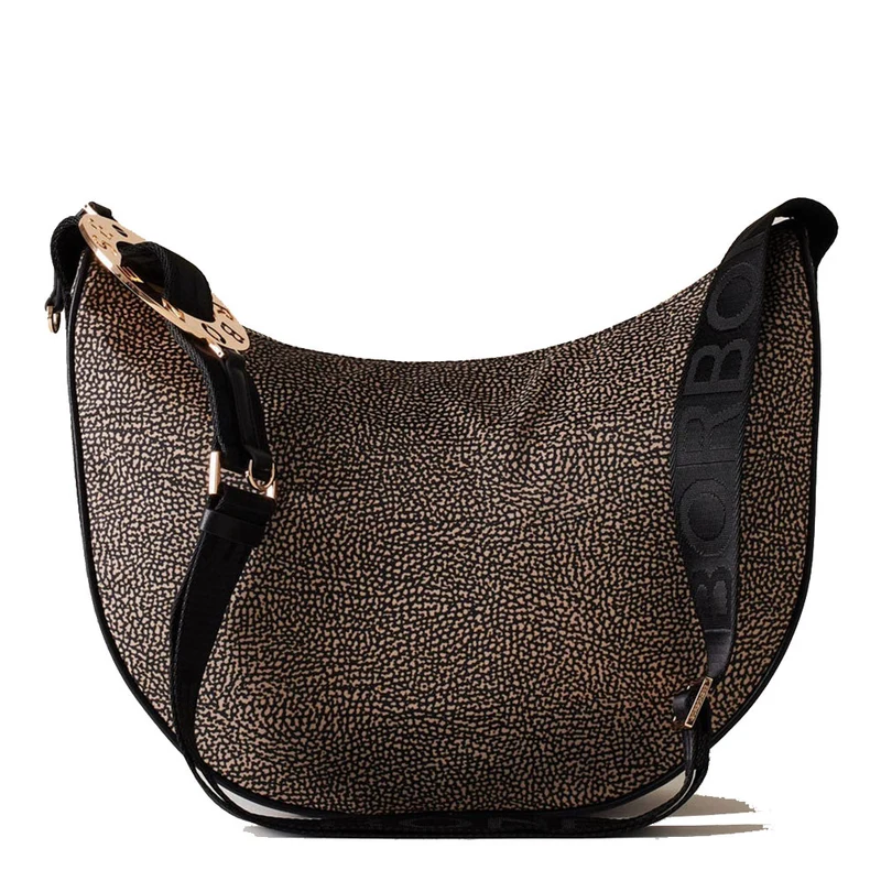 Borsa Donna a Tracolla BORBONESE linea 011 Luna Bag Medium in Nylon OP Naturale e Nero
