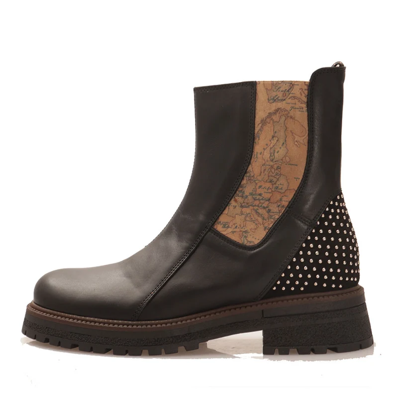 Scarpe Donna 1A Classe Alviero Martini Stivaletti in Pelle Nera con Inserto Elastico e Borchie 1370