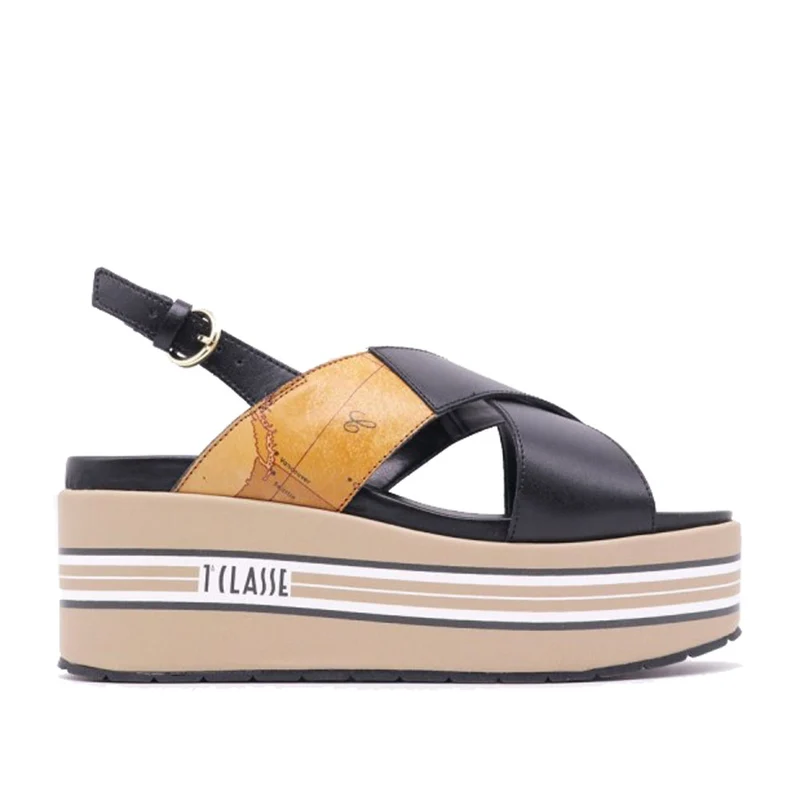 Scarpe Donna 1A Classe Alviero Martini Sandali con Zeppa in Pelle Nera con Dettagli Geo Classic 0190