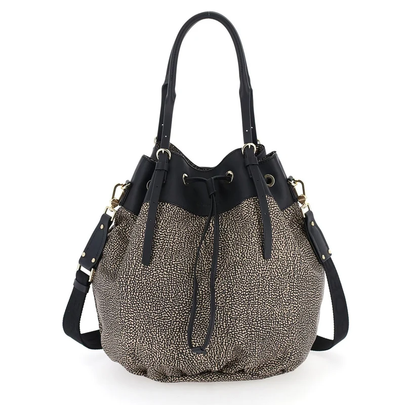 Borsa Donna Secchiello a Mano BORBONESE linea New Classica in Tessuto e Pelle Jet Op Naturale e Nero