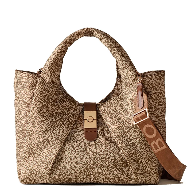 Borsa Donna a Mano Media BORBONESE linea Cortina in Nylon OP Beige e Marrone