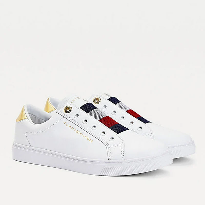 Scarpe Donna TOMMY HILFIGER Sneakers Slip On Iconiche in Pelle Bianca