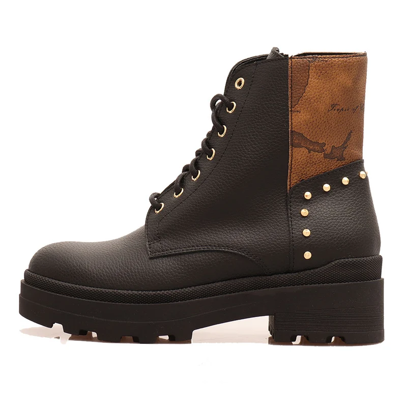 Scarpe Donna 1A Classe Alviero Martini linea Geo Bronze Anfibi in Pelle Nero e Geo Bronzo I303