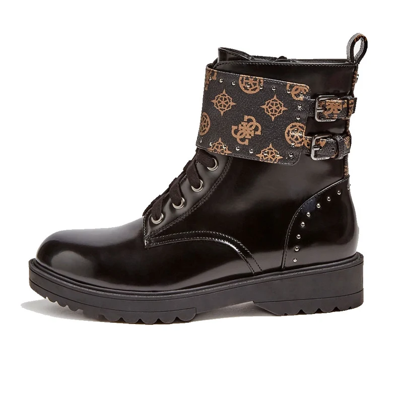 Scarpe Donna GUESS Stivaletto Nero e Marrone Effetto Vernice Linea Wanda