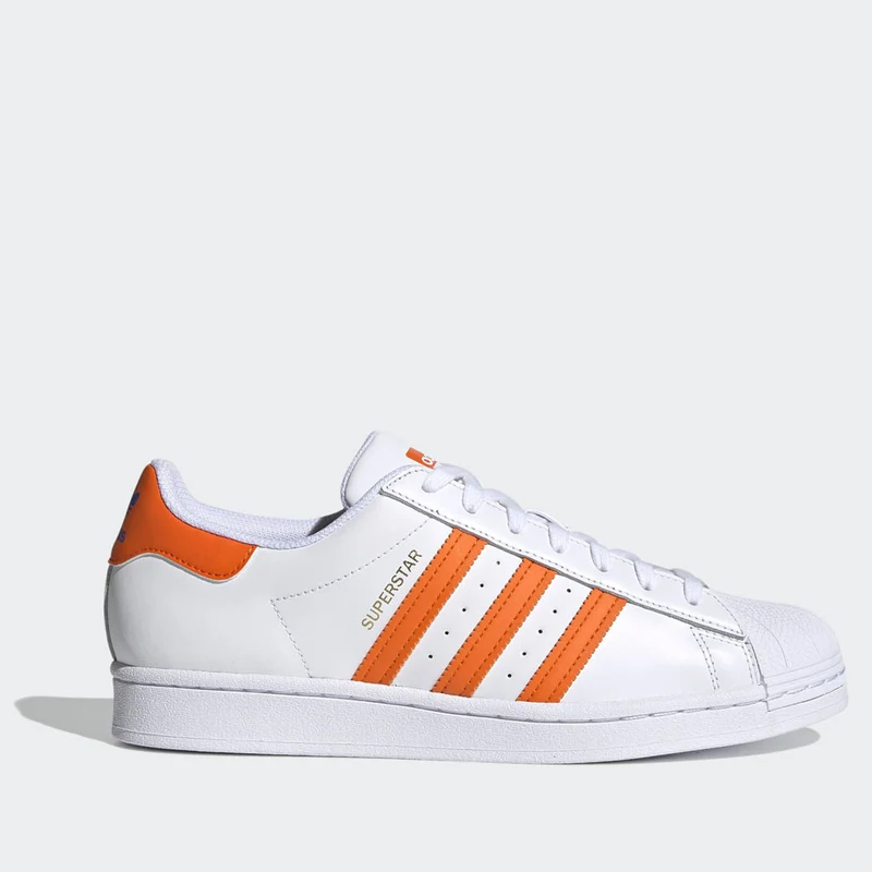 Scarpe Uomo ADIDAS Sneakers linea Superstar in Pelle colore Bianco Arancione e Blu