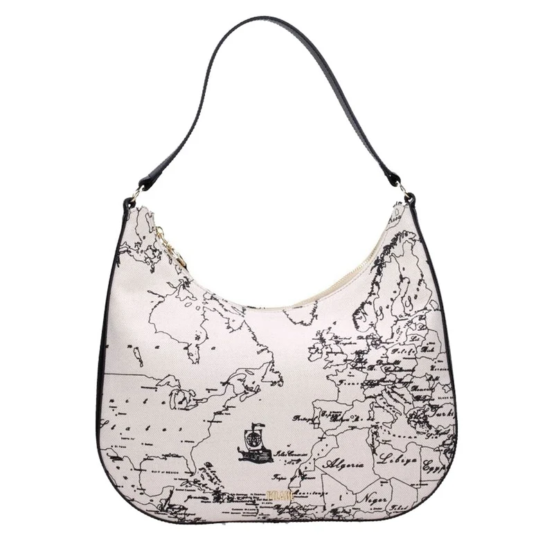 Borsa Donna Hobo a Spalla 1A Classe Alviero Martini linea Geo Ecru in Lino Ecru e Pelle Nera GQ95