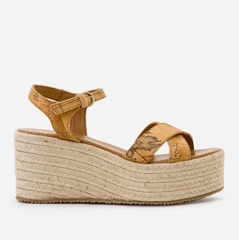 Scarpe Donna 1A Classe Alviero Martini Sandali con Zeppa in Corda in Canvas stampa Geo Classic E423