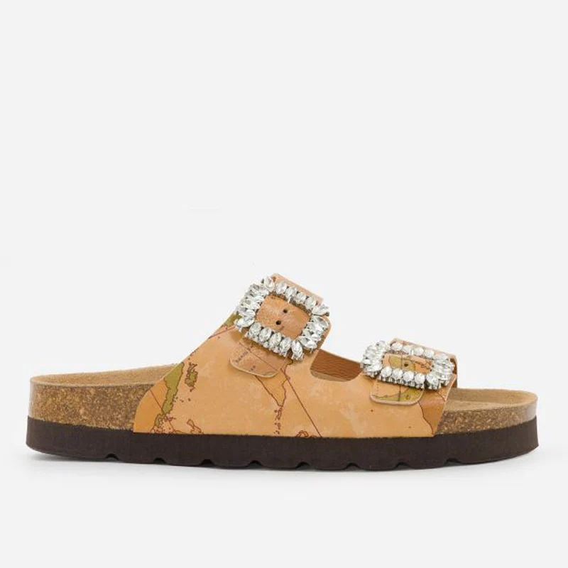 Scarpe Donna 1A Classe Alviero Martini Ciabatte con Fibbie Gioiello in Nappa Stampa Geo Classic E400