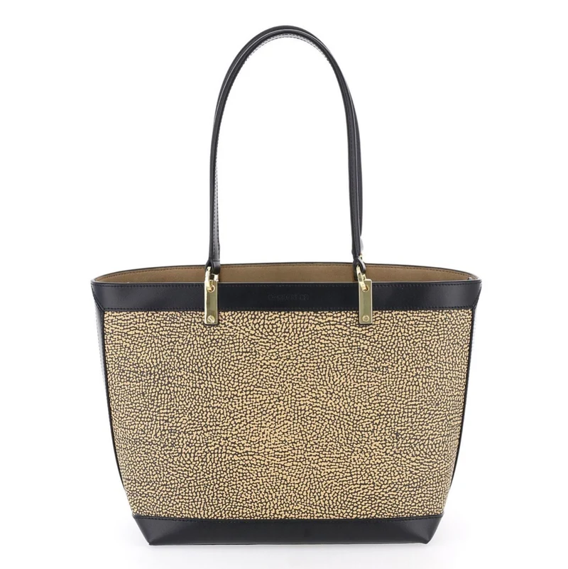 Borsa Donna Shopper a Spalla BORBONESE in Tessuto Graffiti e Pelle Colore OP Naturale e Nero