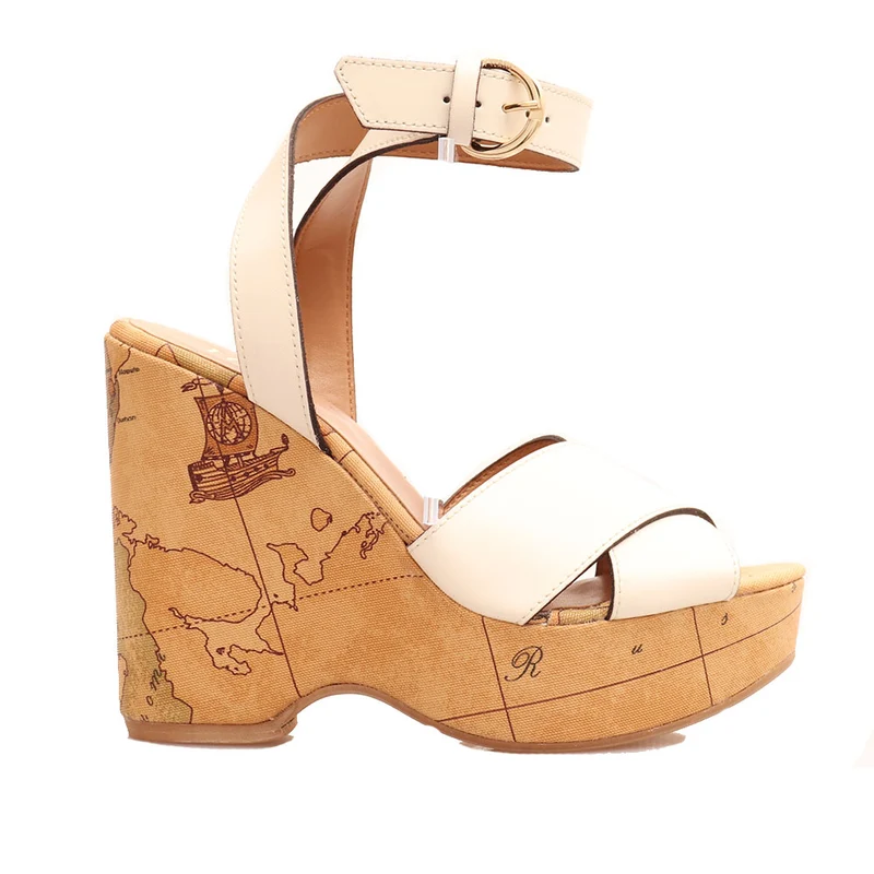Sandali Donna con Zeppa Alviero Martini 1A Classe linea Geo Classic in Pelle Bianca E100