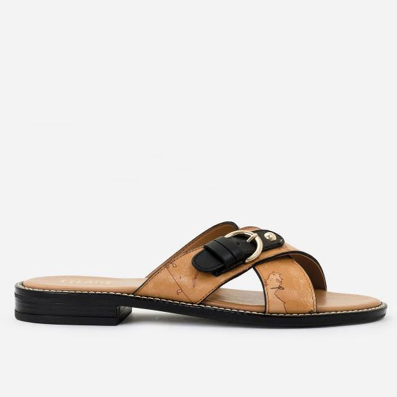 Ciabatta Donna con Fasce Incrociate Alviero Martini 1A Classe linea Geo Classic in Nappa Geo con Dettagli Neri E085