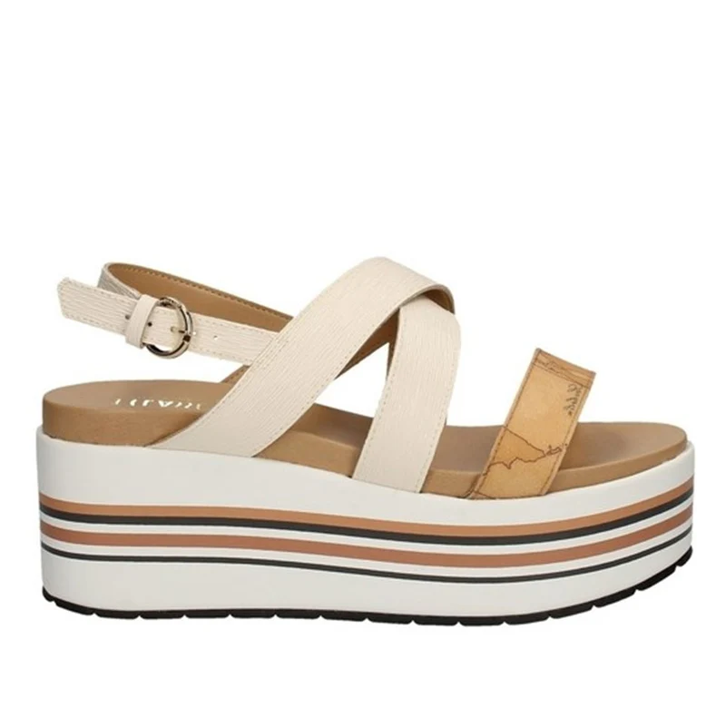 Sandali Donna con Zeppa Alviero Martini 1A Classe linea Geo Classic in Tessuto Bianco E977